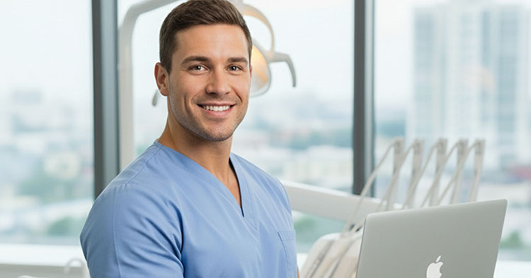 Dentist holding laptop displaying SEO Dental Guide
